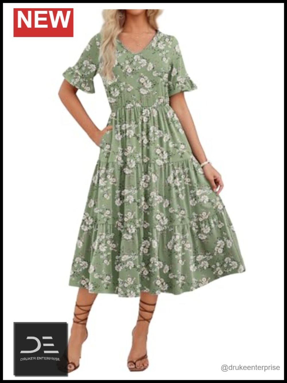 Women's Midi Casual Tiered Ruffle Short Sleeve Flowy Beach Dress with Pockets - Picture 1 of 6